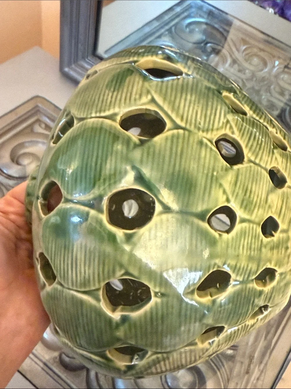 Vintage Green Leaf Reticulated Glazed Ceramic Lantern Vase